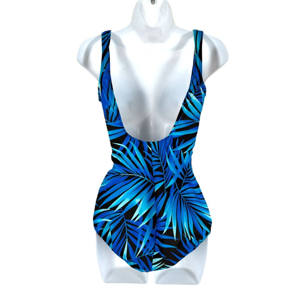 Carribean Joe Swimsuit 12 Turquoise Royal Blue and Black Foliage Tummy Control - Picture 5 of 9